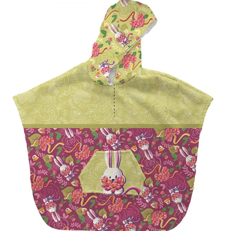 Kit poncho de bain framboise motif lapin printanier - Création Stillistic