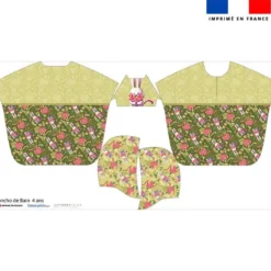 Kit poncho de bain vert kaki motif lapin printanier - Création Stillistic