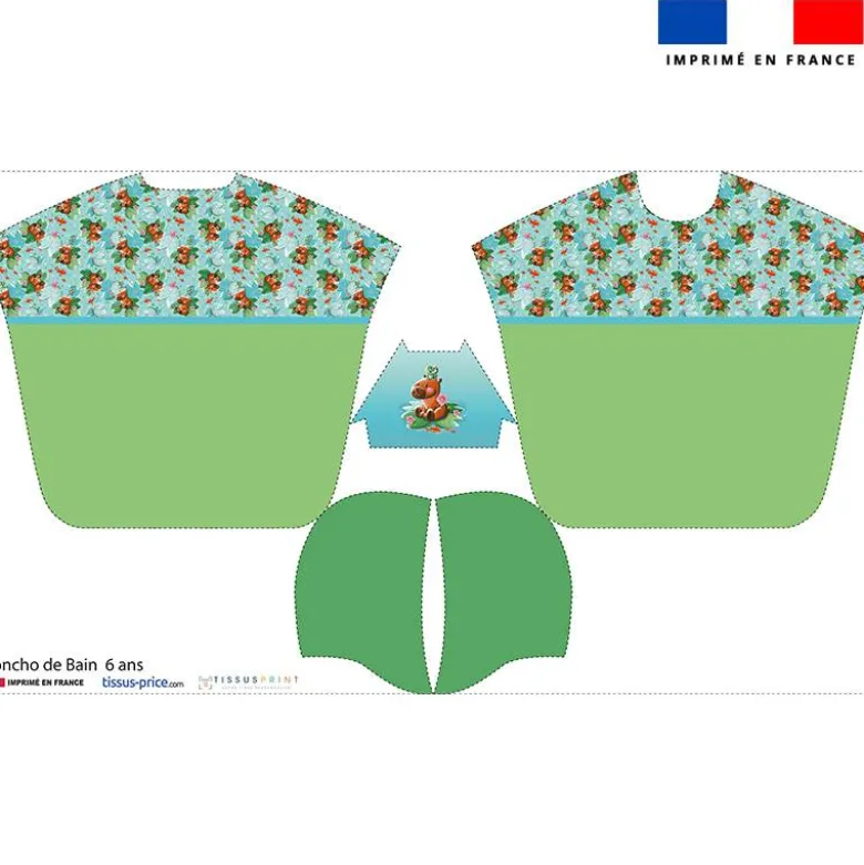 Kit poncho de bain vert motif capybara - Création Stillistic