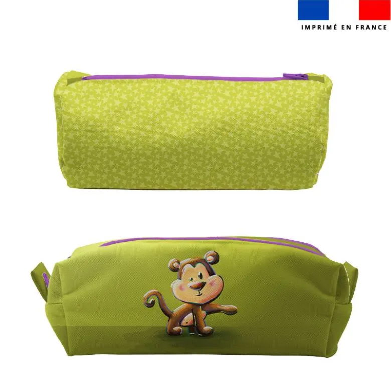 Kit trousse double compartiment motif bébé singe + 1 trousse assortie - Création Stillistic