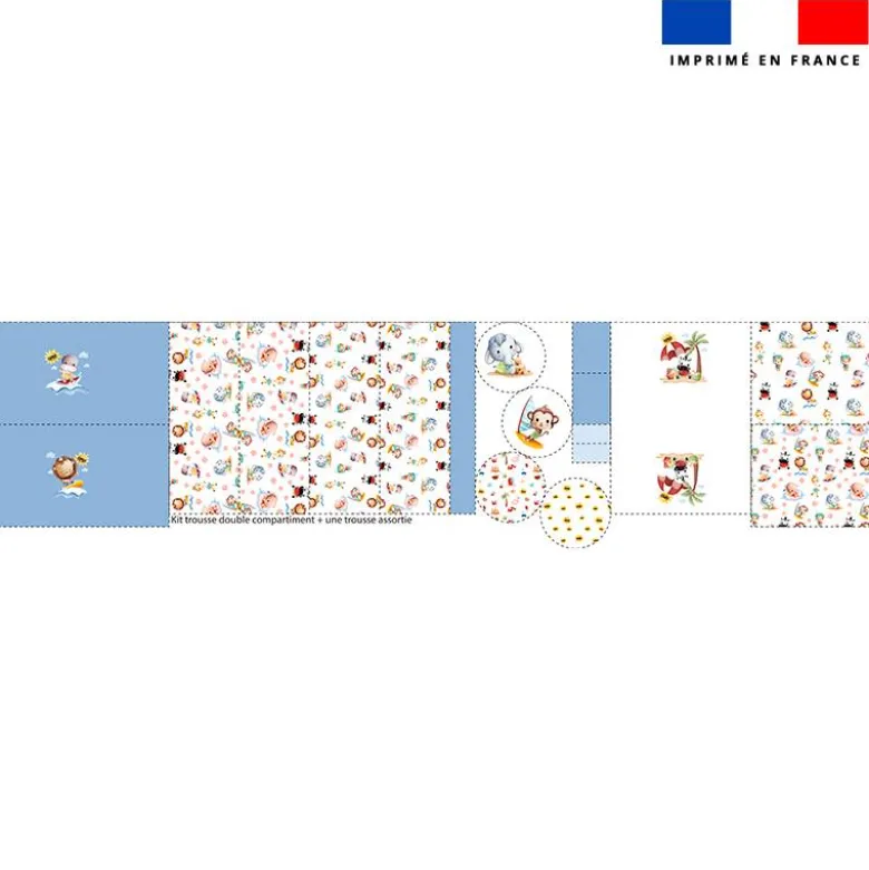 Kit trousse double compartiment motif animaux d'été + 1 trousse assortie