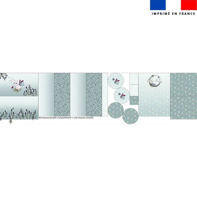 Kit trousse double compartiment motif lapin féérique + 1 trousse assortie - Création Lucie OBATON