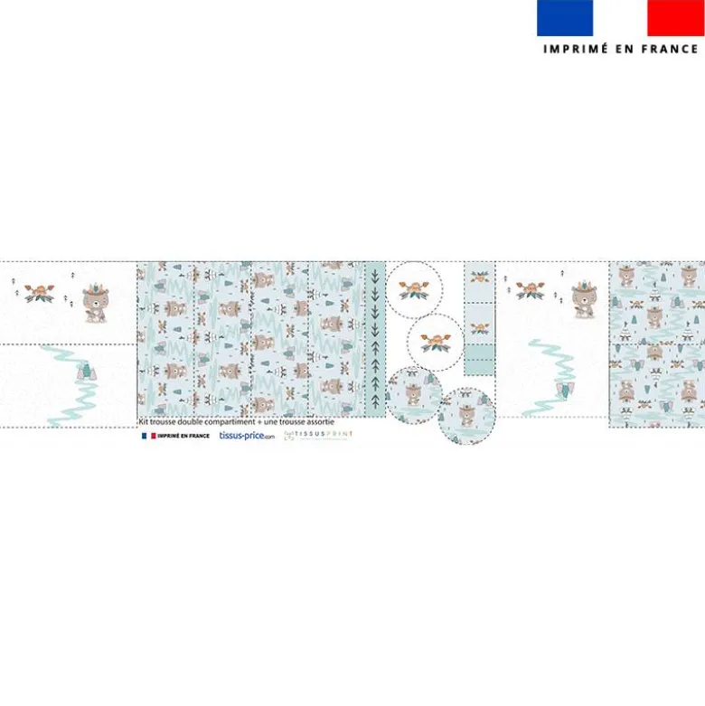 Kit trousse double compartiment motif ourson indien + 1 trousse assortie