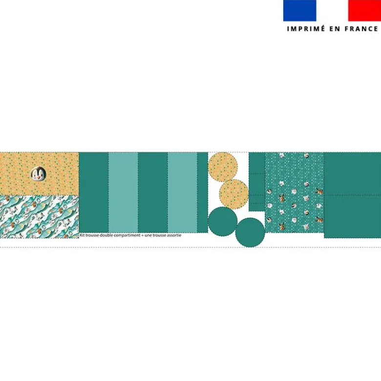 Kit trousse double compartiment motif Animaux du froid Pingouin + 1 trousse assortie - Création Stillistic