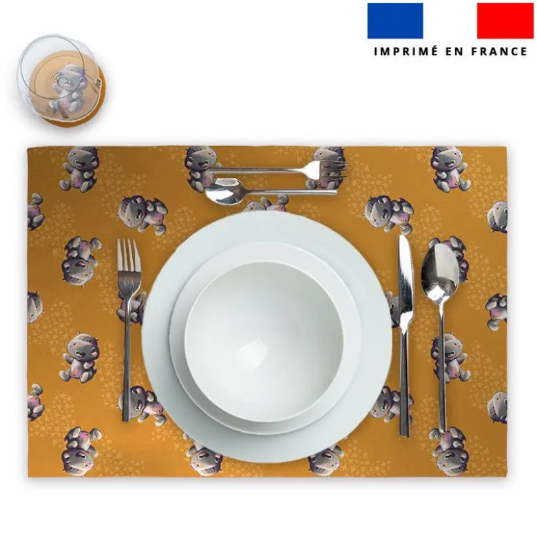 Lot 2 sets de table et 12 dessous de verres motif bébé hippo - Création Stillistic