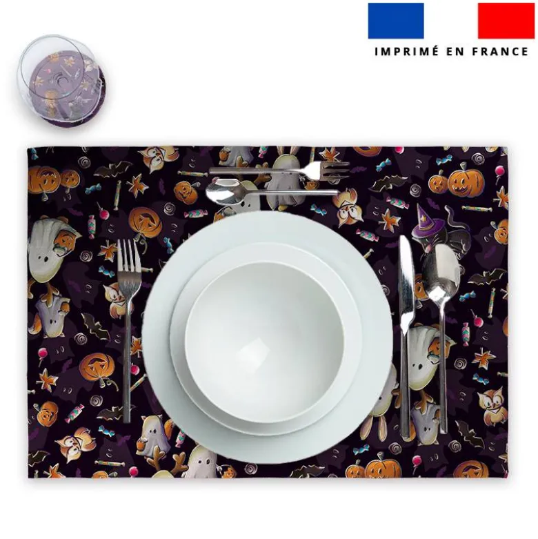 Lot 2 sets de table et 12 dessous de verres motif fantômes noir et violet - Création Stillistic