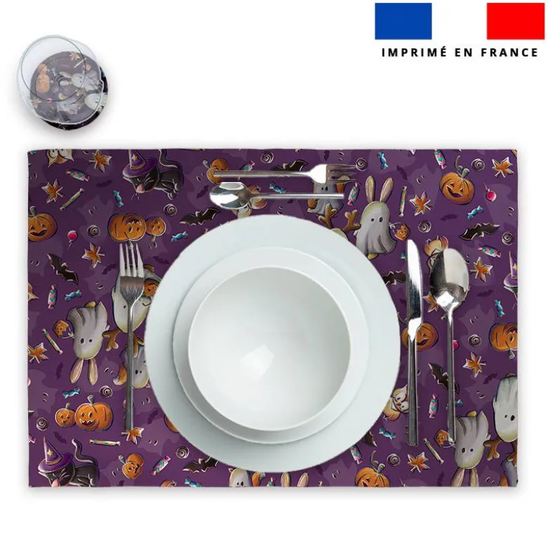 Lot 2 sets de table et 12 dessous de verres motif fantômes noir et violet - Création Stillistic
