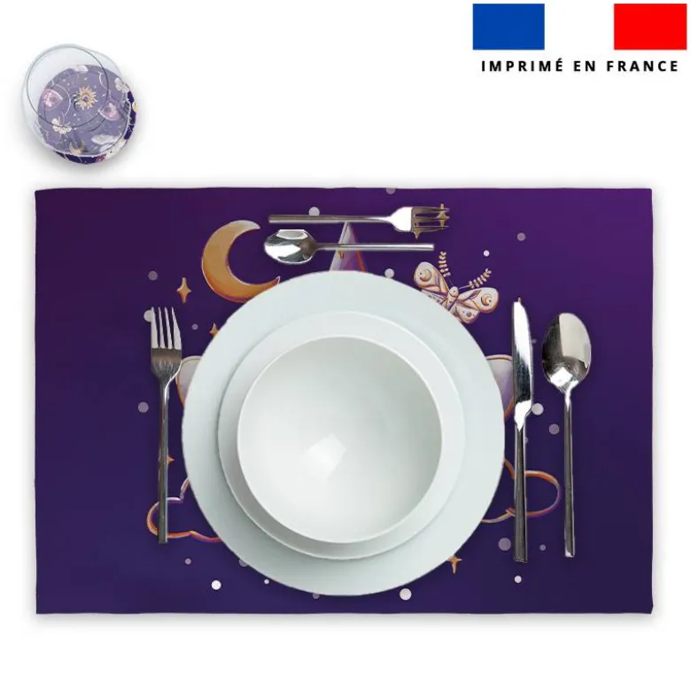 Lot 2 sets de table et 12 dessous de verres motif chouette magicienne - Création Stillistic