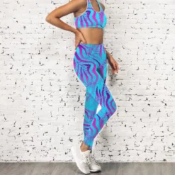 Lycra bleu motif zébrure et feuille bleue et violette