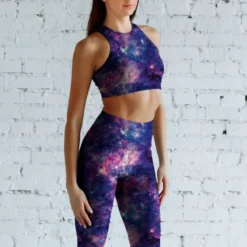 Lycra imprimé galaxie constellations bleu et rose