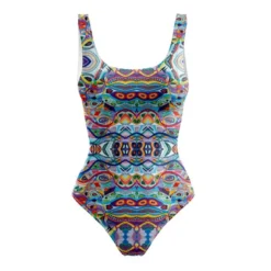 Lycra motif forme abstraite multicolore - Création Lita Blanc