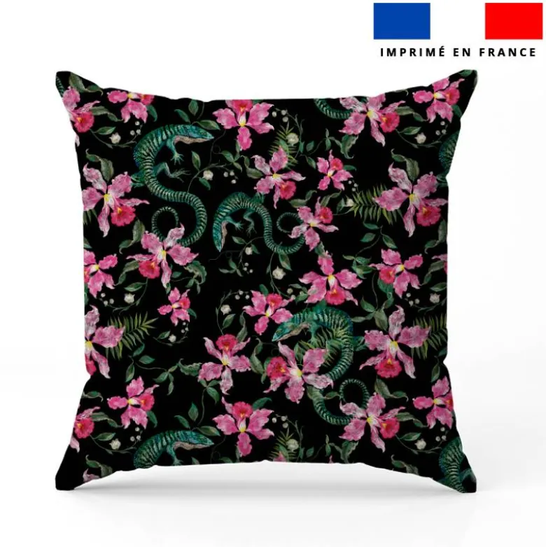 Lézard et fleur effet brodé - Fond noir