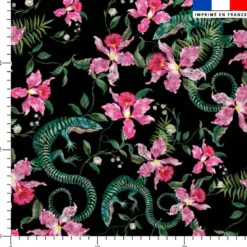 Lézard et fleur effet brodé - Fond noir