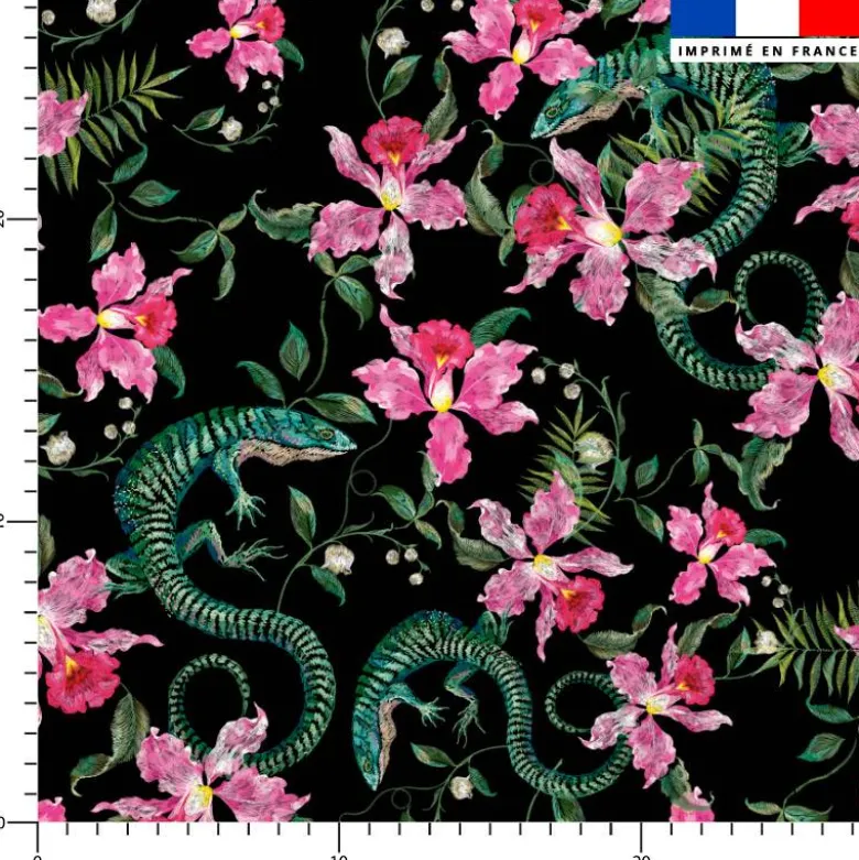 Lézard et fleur effet brodé - Fond noir