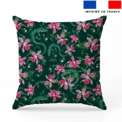 Lézard et fleur effet brodé - Fond vert foncé