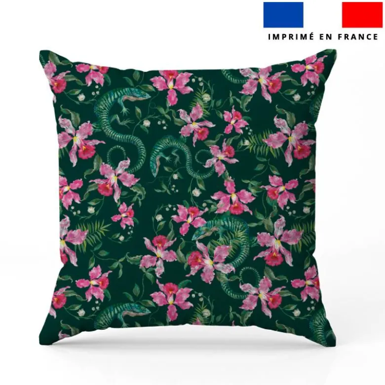 Lézard et fleur effet brodé - Fond vert foncé