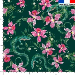 Lézard et fleur effet brodé - Fond vert foncé