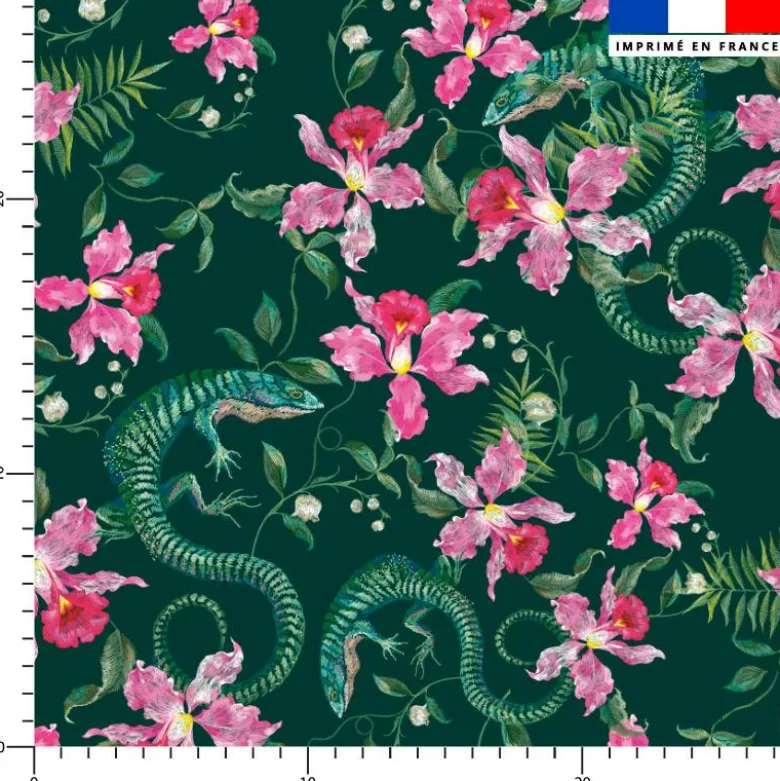 Lézard et fleur effet brodé - Fond vert foncé