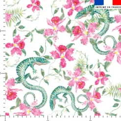 Lézard et fleur effet brodé - Fond blanc