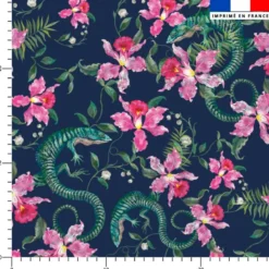 Lézard et fleur effet brodé - Fond bleu foncé