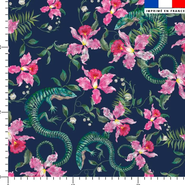 Lézard et fleur effet brodé - Fond bleu foncé