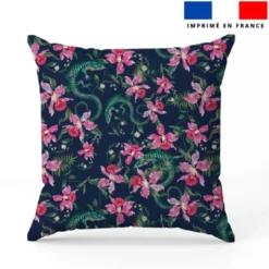 Lézard et fleur effet brodé - Fond bleu foncé