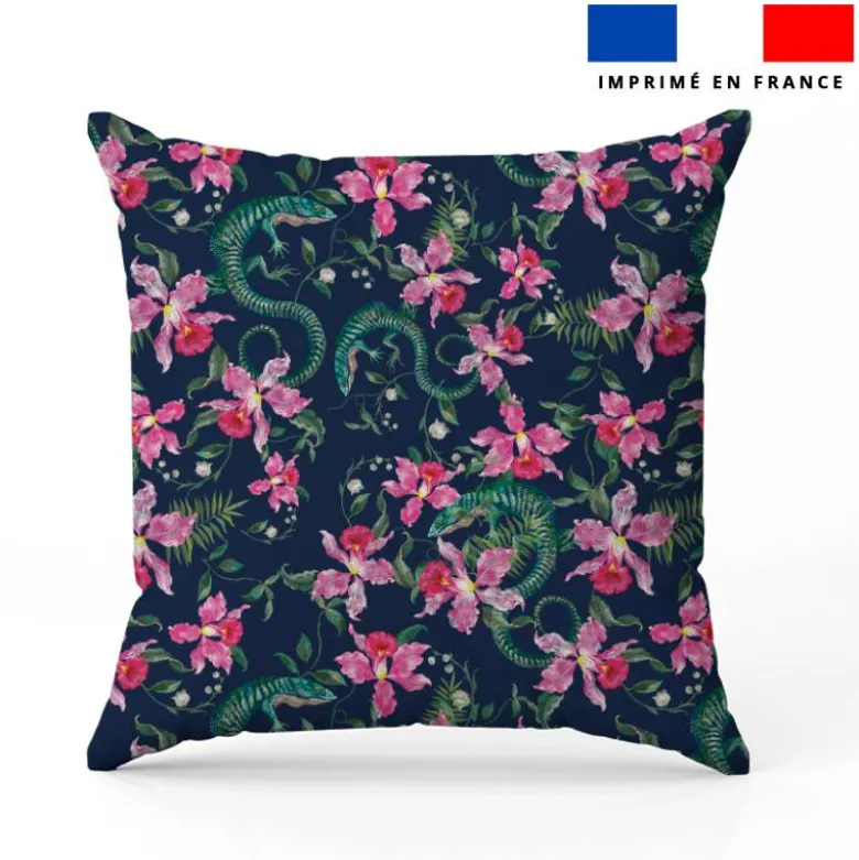 Lézard et fleur effet brodé - Fond bleu foncé
