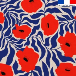 Mousseline beige motif coquelicot et feuille bleue