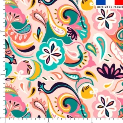 Mousseline beige rosé motif fleurs cachemire colorées
