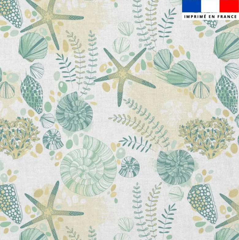 Mousseline blanche motif coquillage et étoile de mer vert