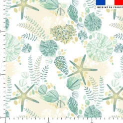 Mousseline blanche motif coquillage et étoile de mer vert