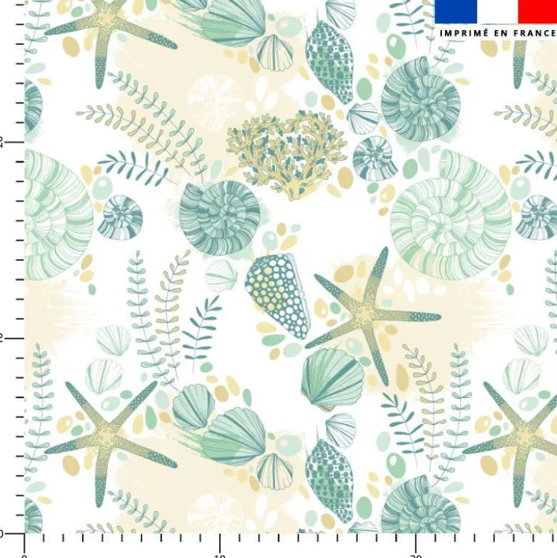Mousseline blanche motif coquillage et étoile de mer vert