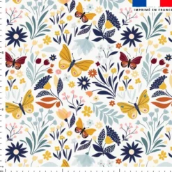 Mousseline blanche motif papillons jaunes