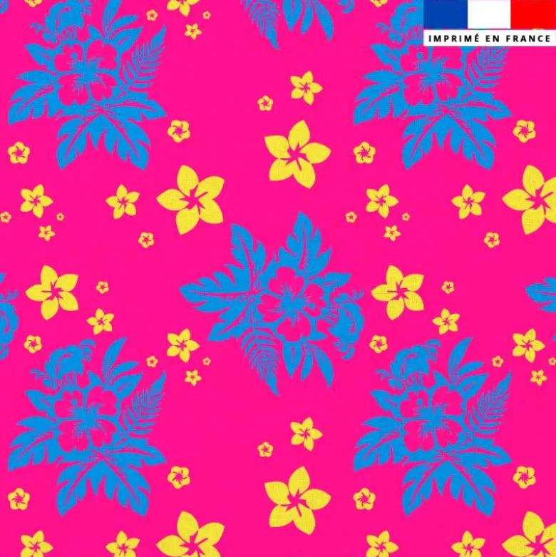 Mousseline fuchsia fleur polynésienne bleue et jaune