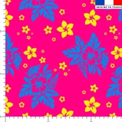 Mousseline fuchsia fleur polynésienne bleue et jaune