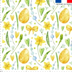 Oeufs dorés et fleurs printanières - Fond blanc