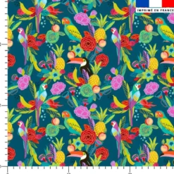 Oiseaux tropicaux et plantes tropicales - Fond bleu canard