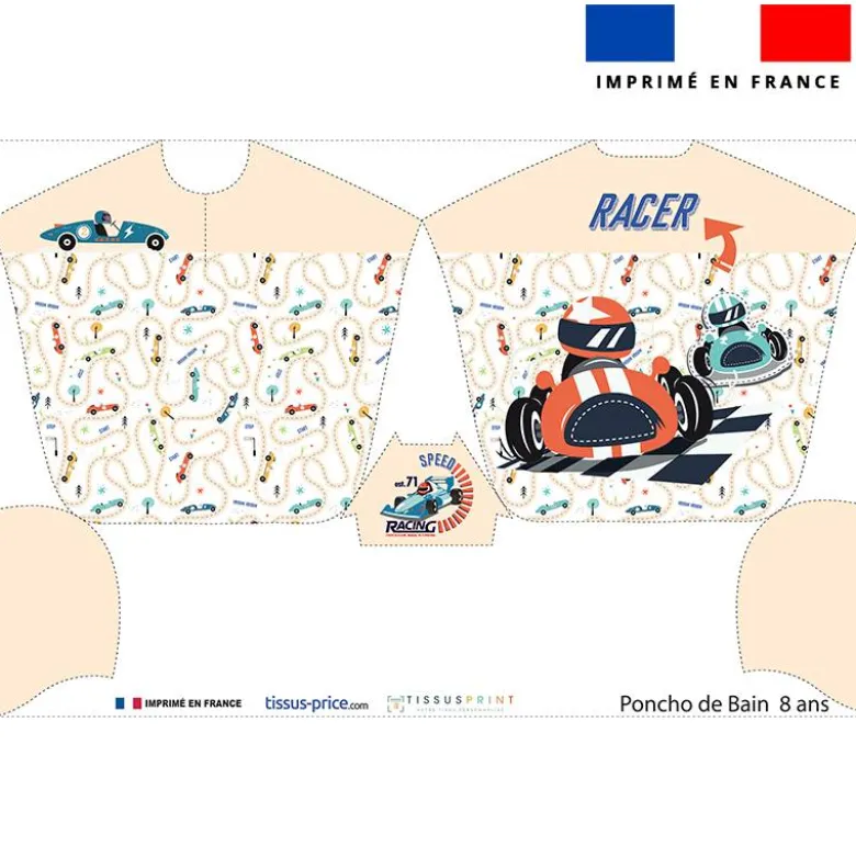 Patron imprimé sur tissu éponge pour poncho de bain motif course de voiture