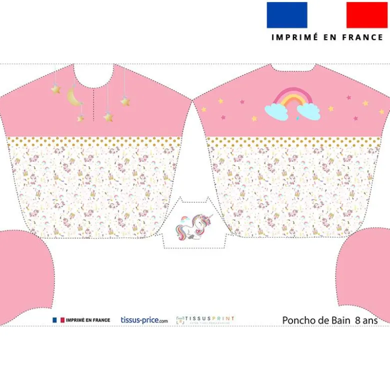 Patron imprimé sur tissu éponge pour poncho de bain motif licorne rose
