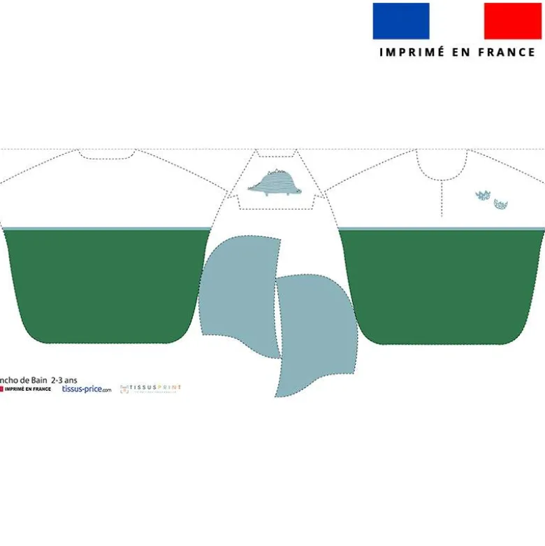 Patron imprimé sur tissu éponge pour poncho de bain motif dino vert