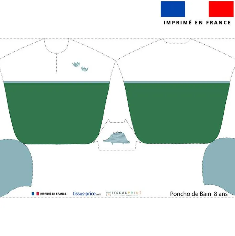 Patron imprimé sur tissu éponge pour poncho de bain motif dino vert