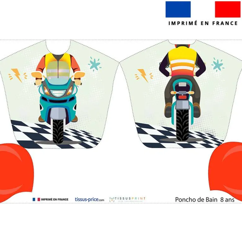 Patron imprimé sur tissu éponge pour poncho de bain motif moto de course