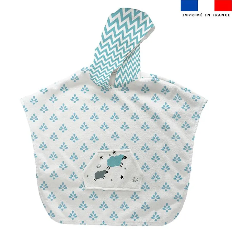Patron imprimé sur tissu éponge pour poncho de bain motif lion baby bleu et gris