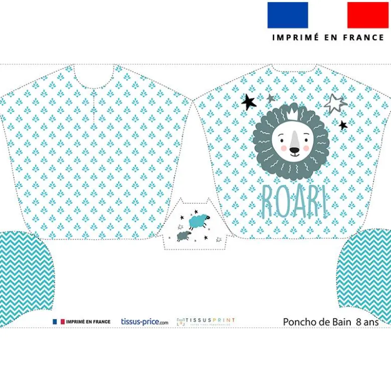 Patron imprimé sur tissu éponge pour poncho de bain motif lion baby bleu et gris