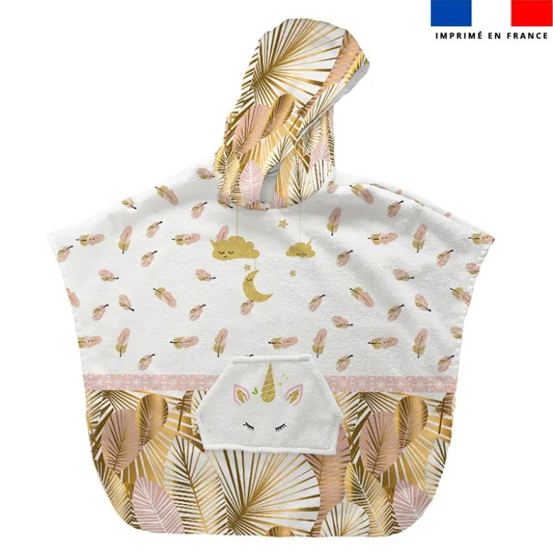 Patron imprimé sur tissu éponge pour poncho de bain motif licorne gold
