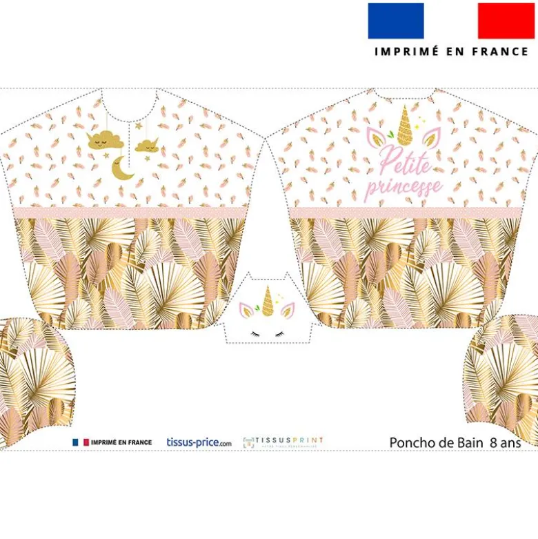Patron imprimé sur tissu éponge pour poncho de bain motif licorne gold