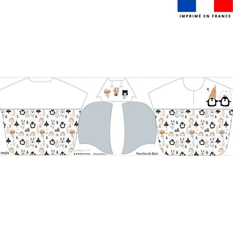Patron imprimé sur tissu éponge pour poncho de bain motif animaux hiver