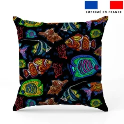 Poissons multicolores et coquillages effet brodé - Fond noir