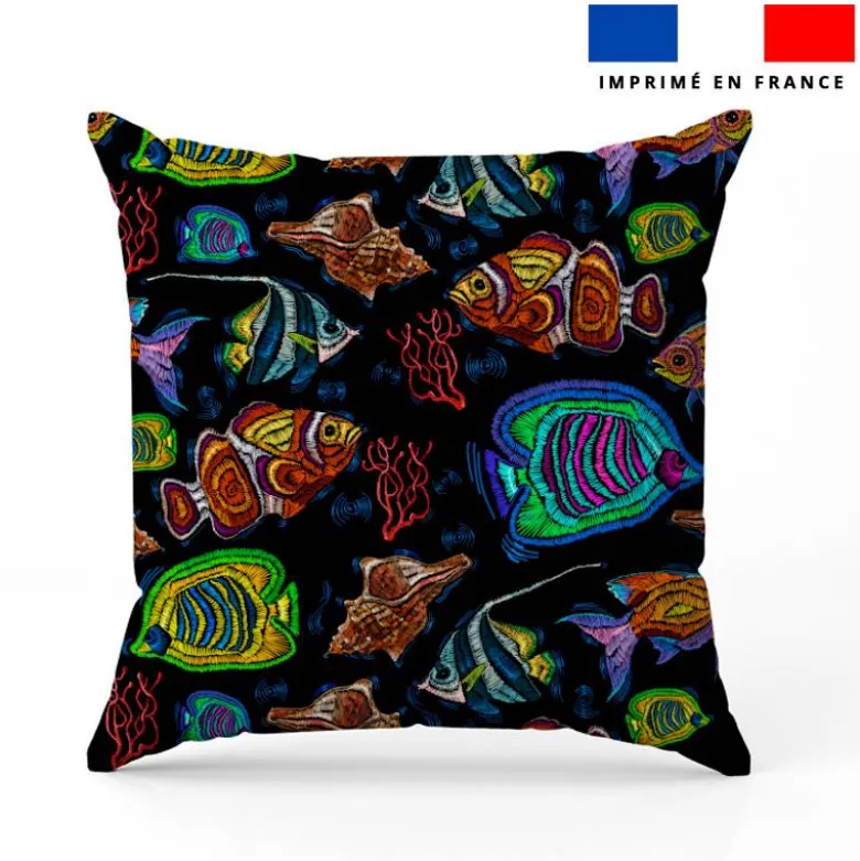 Poissons multicolores et coquillages effet brodé - Fond noir