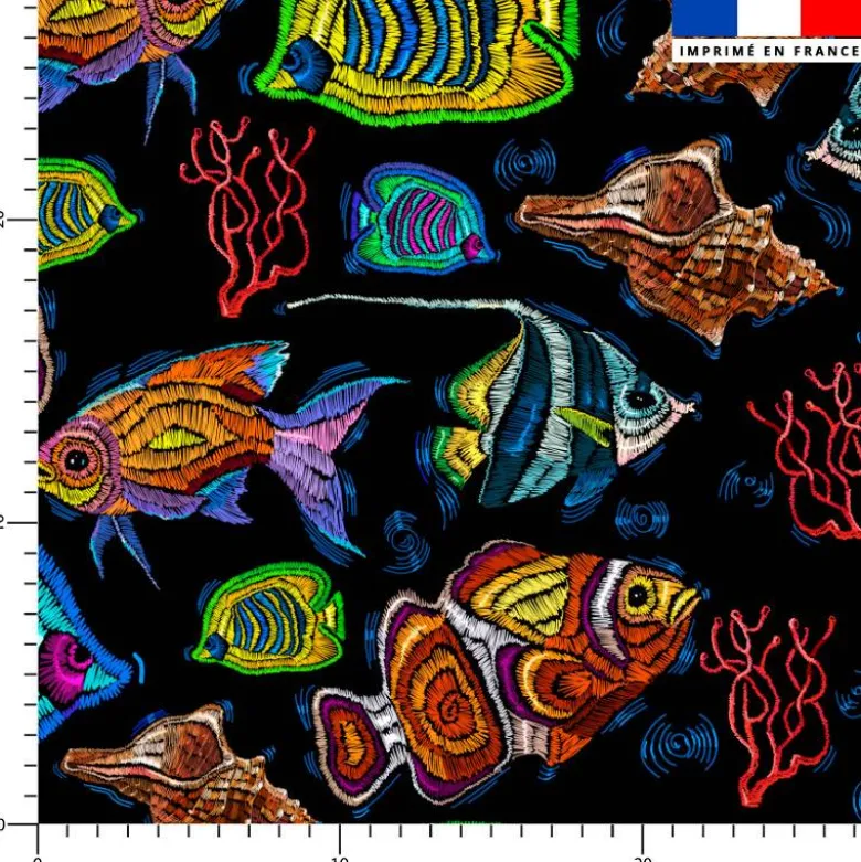 Poissons multicolores et coquillages effet brodé - Fond noir